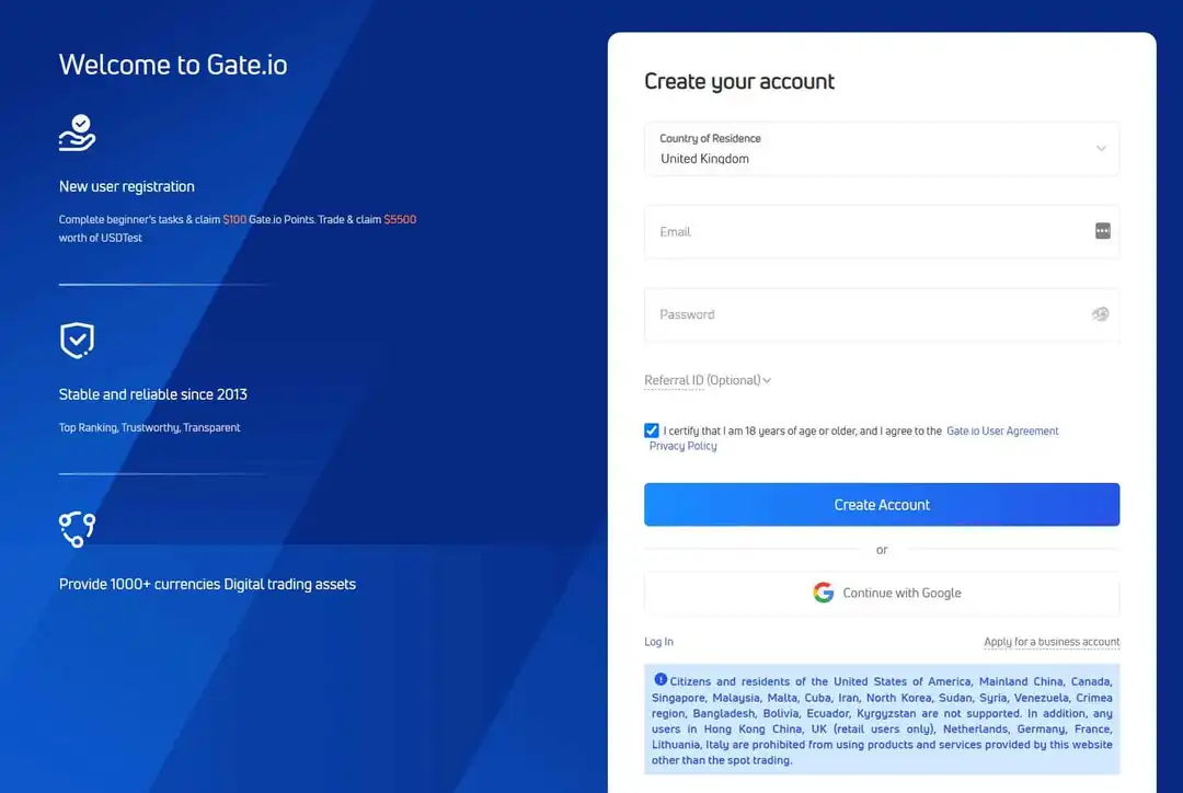 Регистрация Gate.io