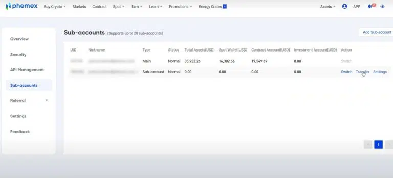 Управление субсчетами phemex