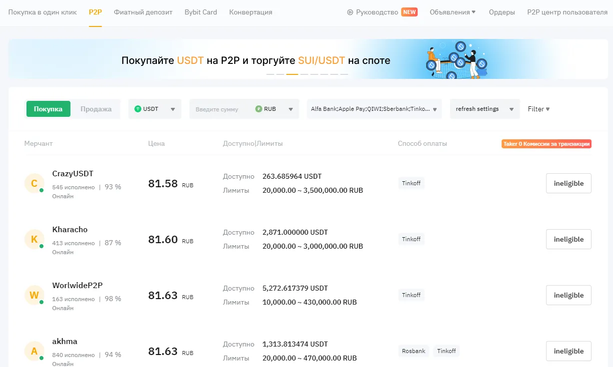 Bybit покупка через p2p
