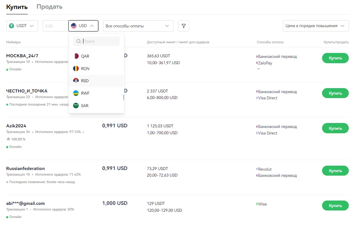 Покупка криптовалюты через p2p на OKX